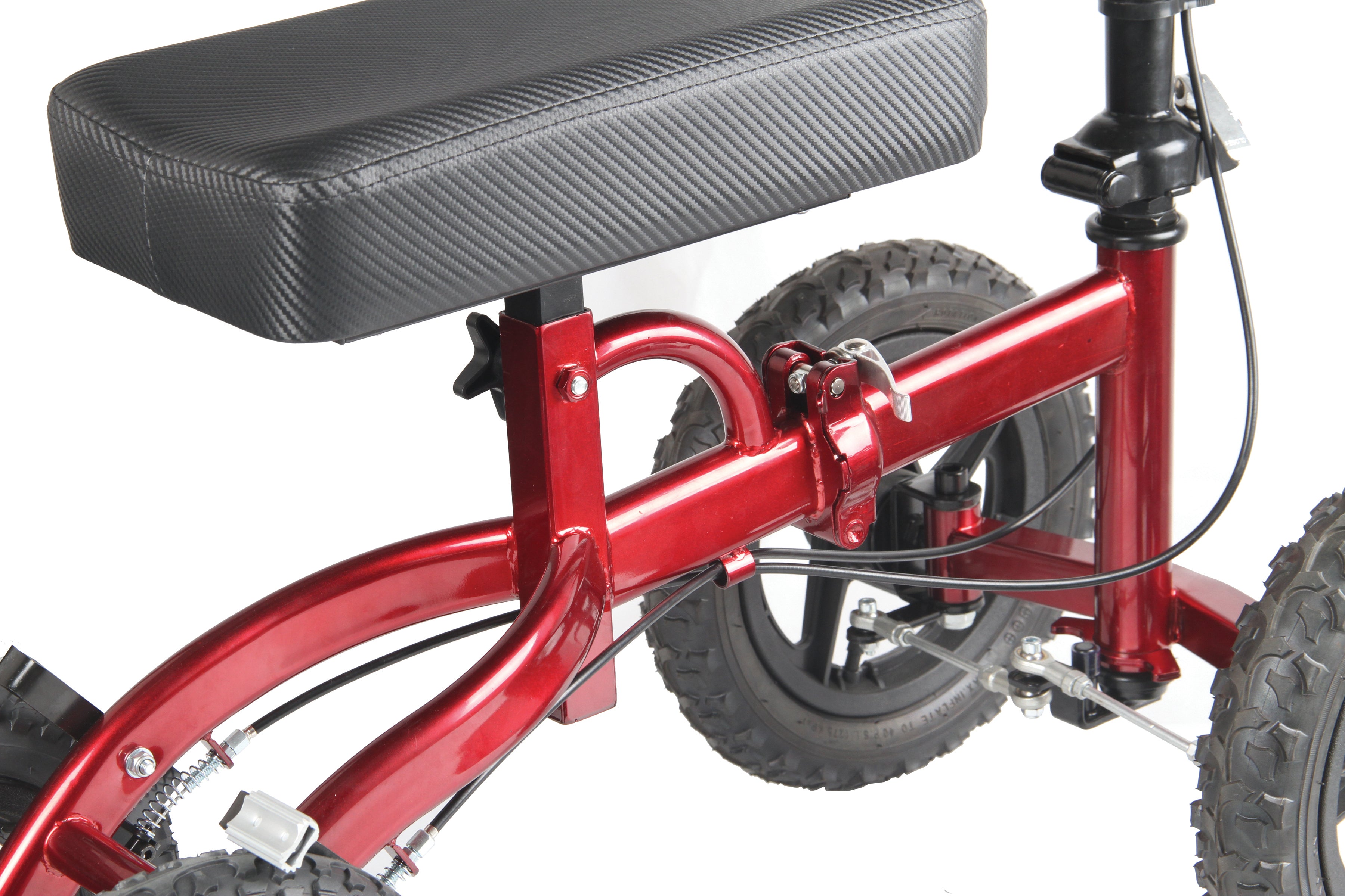 Tuffcare All-Terrain steerable knee walker closeup of folding mechanism and construction.