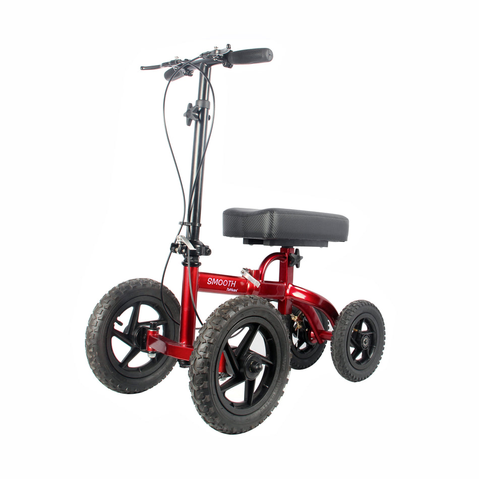 Tuffcare All-Terrain steerable knee walker in candy apple red with outdoor wheels.