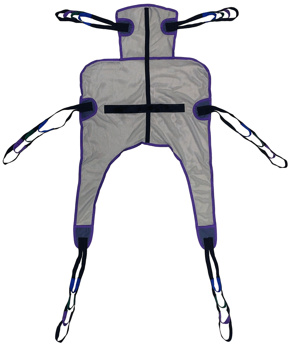 Tuffcare universal quick-dry mesh patient lift sling with integrated headrest and 600 lb bariatric capacity, back view.