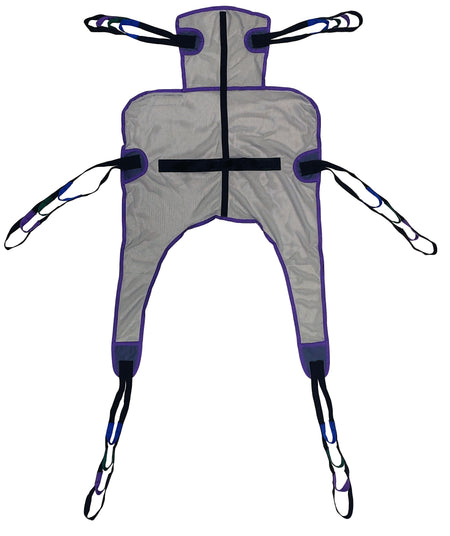Tuffcare universal quick-dry mesh patient lift sling with integrated headrest and 600 lb bariatric capacity, back view.