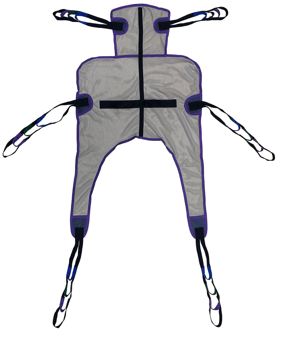 Tuffcare universal quick-dry mesh patient lift sling with integrated headrest and 600 lb bariatric capacity, back view.
