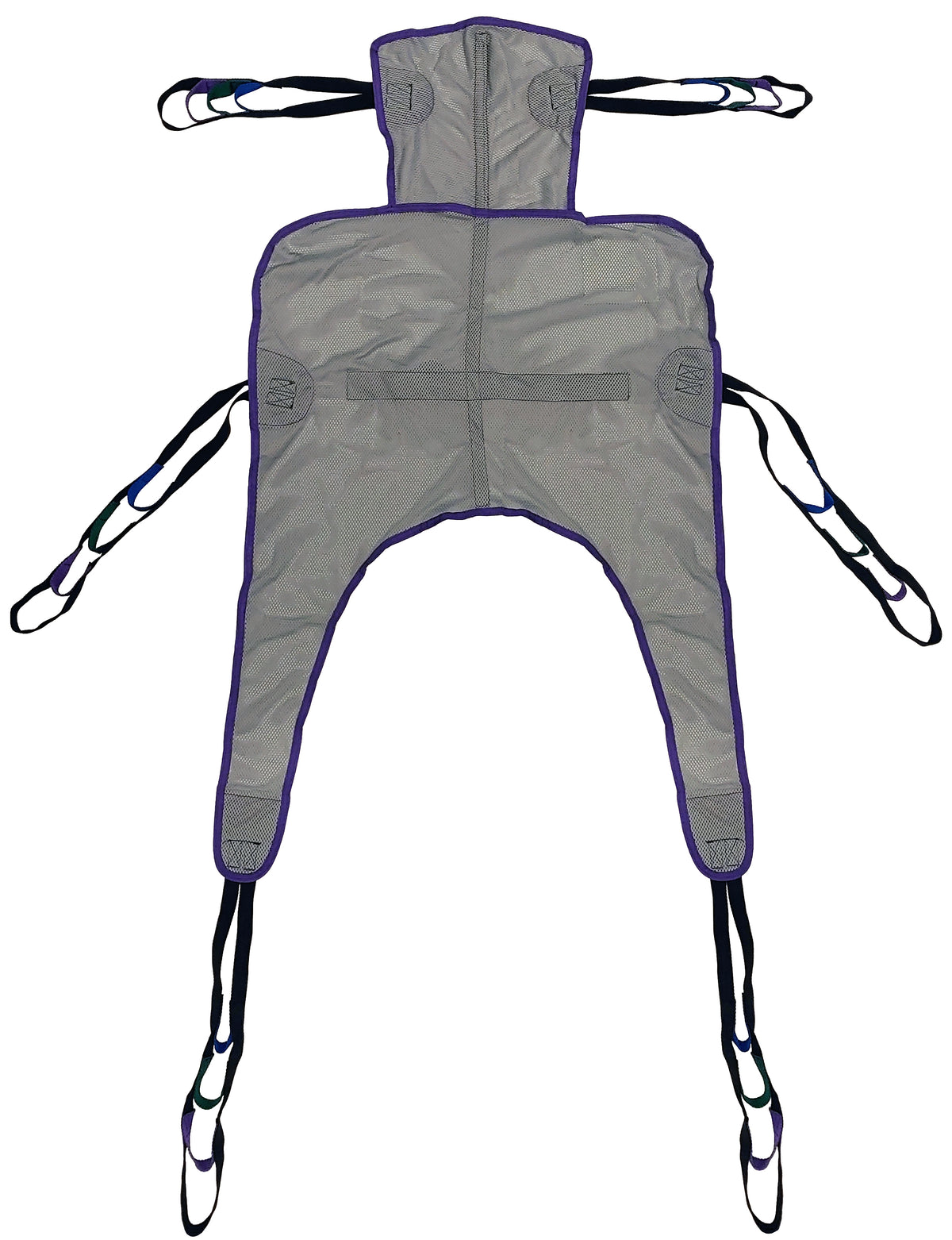 Tuffcare universal quick-dry mesh patient lift sling with integrated headrest and 600 lb bariatric capacity, front view.