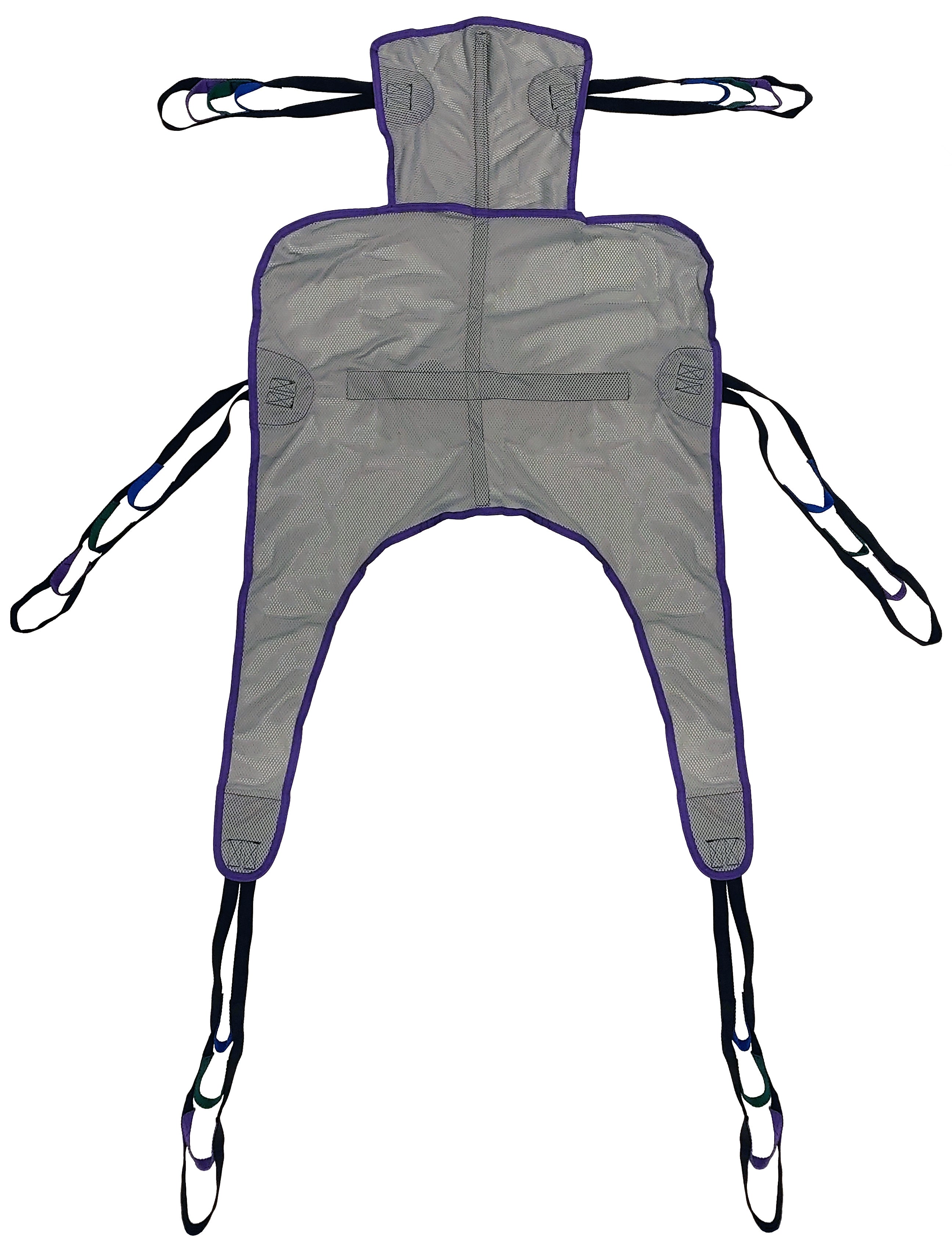Tuffcare universal quick-dry mesh patient lift sling with integrated headrest and 600 lb bariatric capacity, front view.