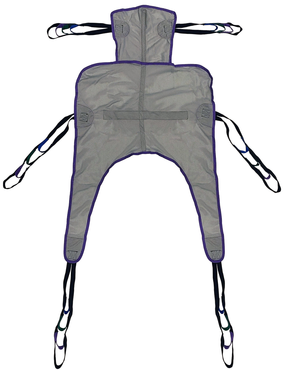 Tuffcare universal quick-dry mesh patient lift sling with integrated headrest and 600 lb bariatric capacity, front view.