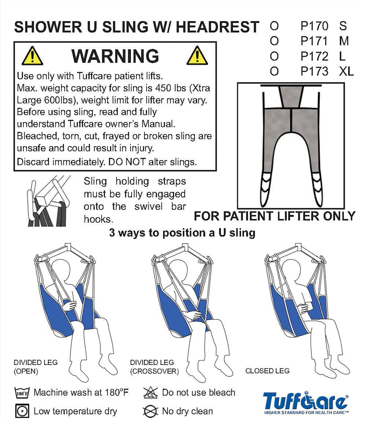Safety diagram for Tuffcare Shower U-Sling with Headrest P170-P173 showing 3 divided leg positioning methods.