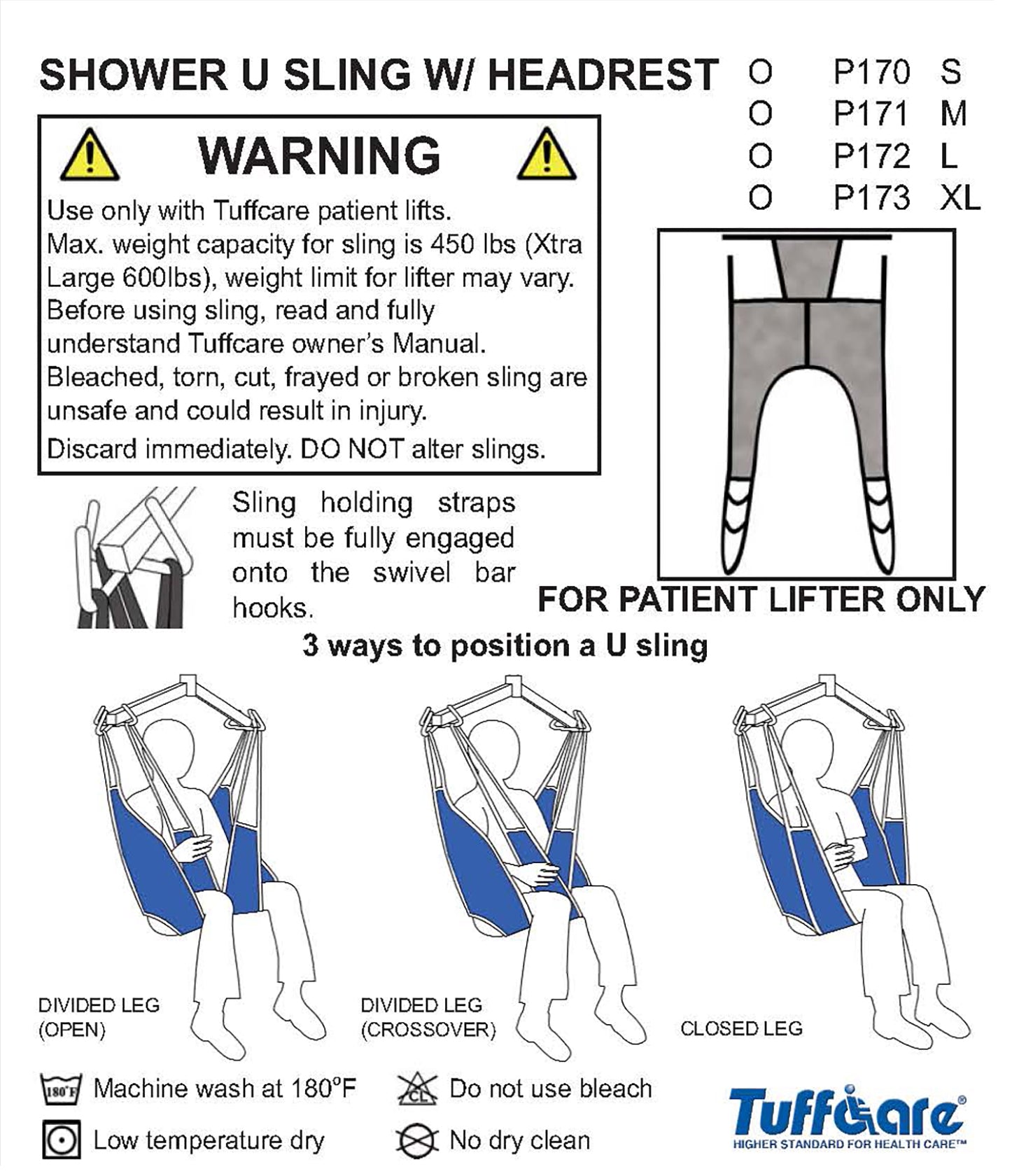 Safety diagram for Tuffcare Shower U-Sling with Headrest P170-P173 showing 3 divided leg positioning methods.