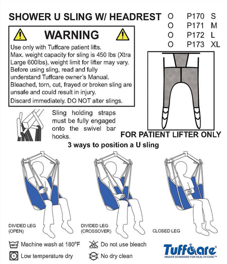 Safety diagram for Tuffcare Shower U-Sling with Headrest P170-P173 showing 3 divided leg positioning methods.