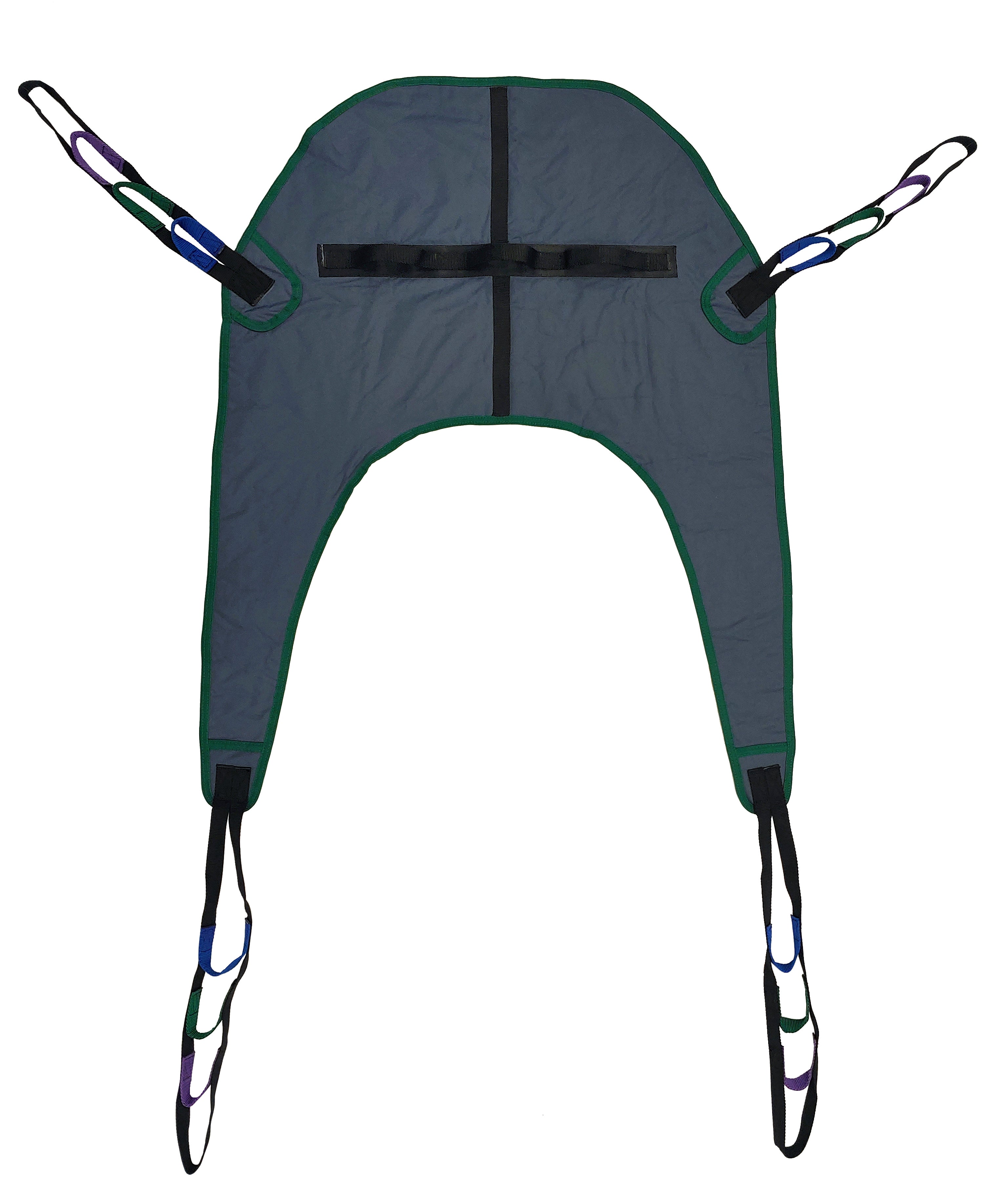 Tuffcare universal padded full body patient lift sling, 3-layer polyester, and 600 lb capacity, back view.