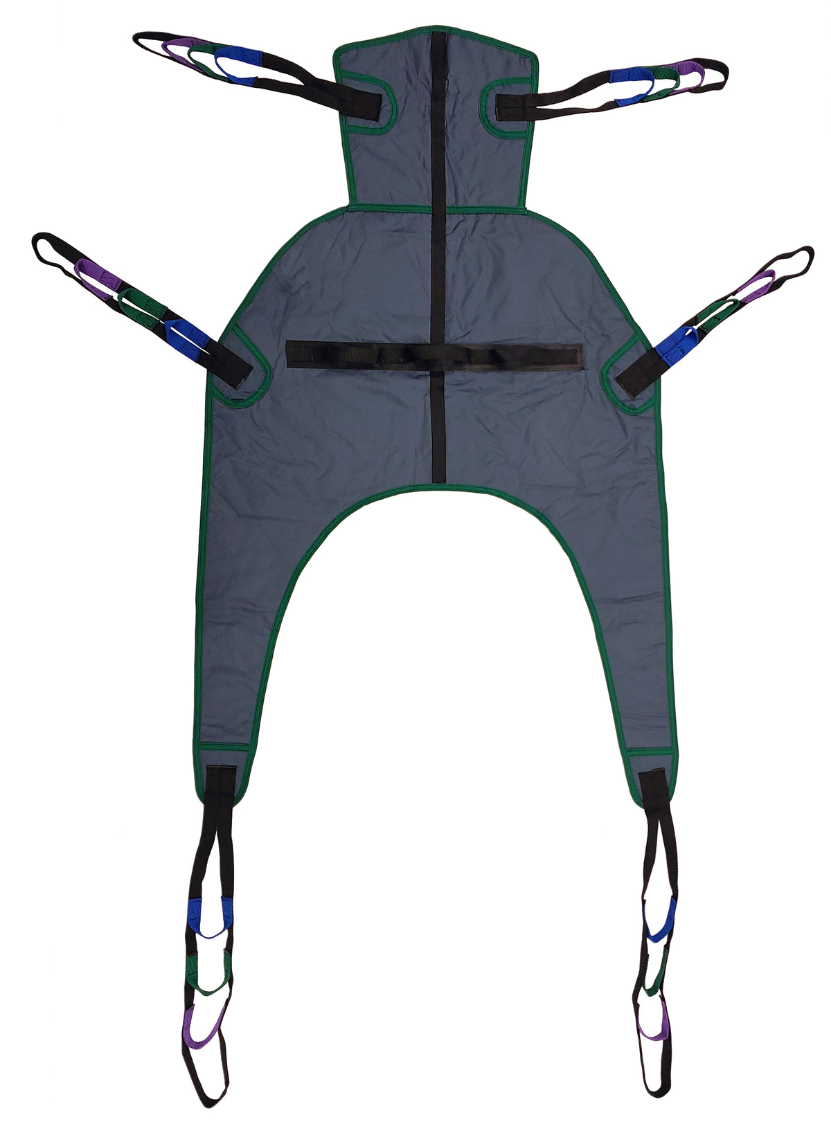 Tuffcare universal padded full body sling with headrest, with 600 lb capacity, designed for seated application without turning the patient, back view. 