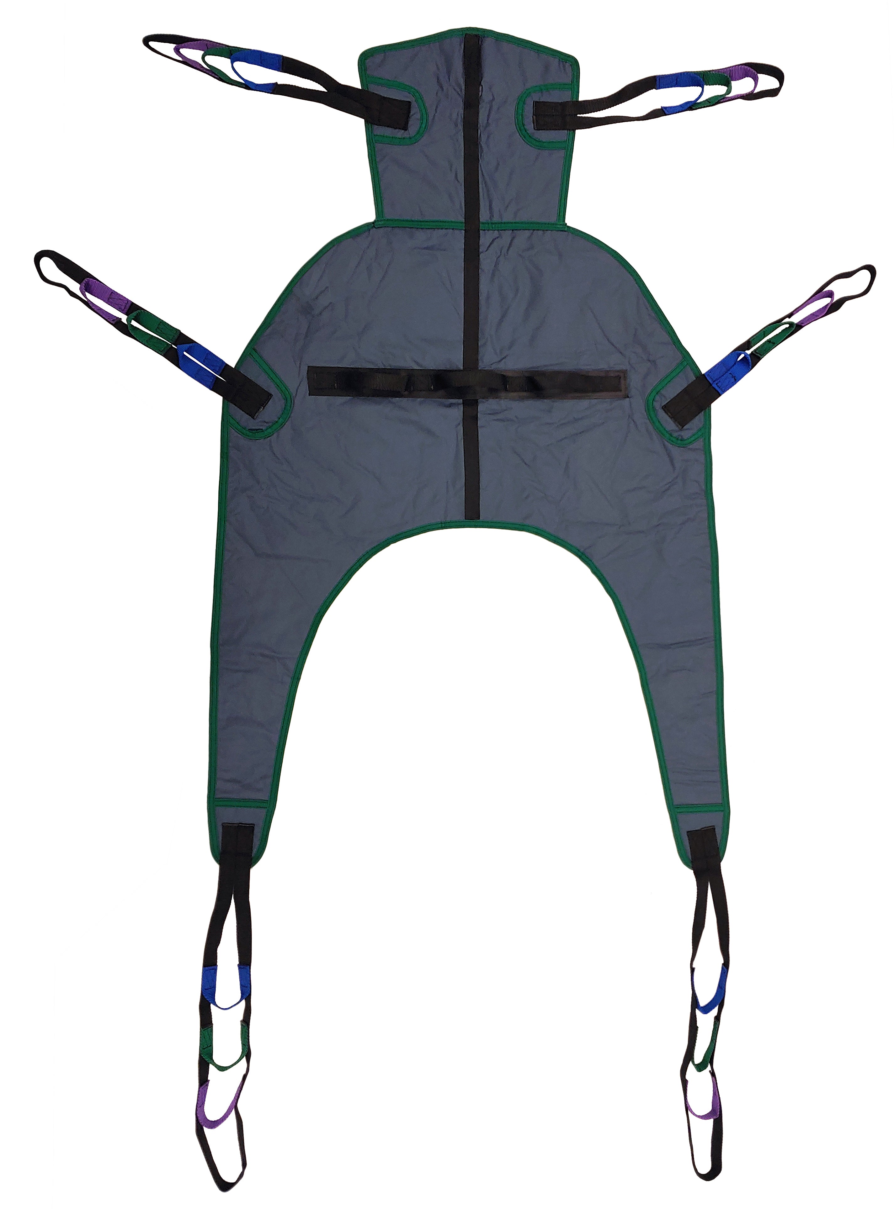 Tuffcare universal padded full body sling with headrest, with 600 lb capacity, designed for seated application without turning the patient, back view. 