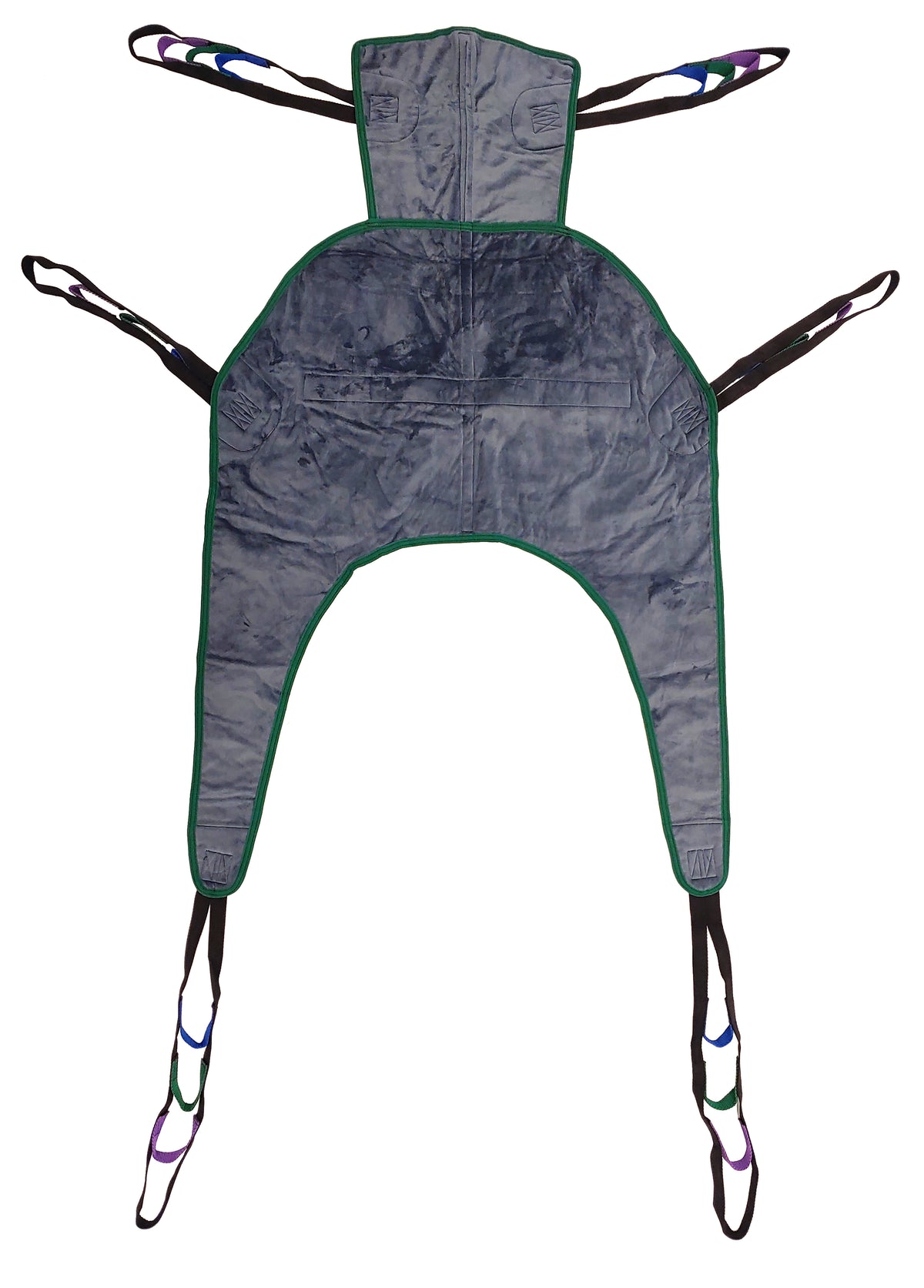 Tuffcare universal padded full body sling with headrest, with 600 lb capacity, designed for seated application without turning the patient, front view. 