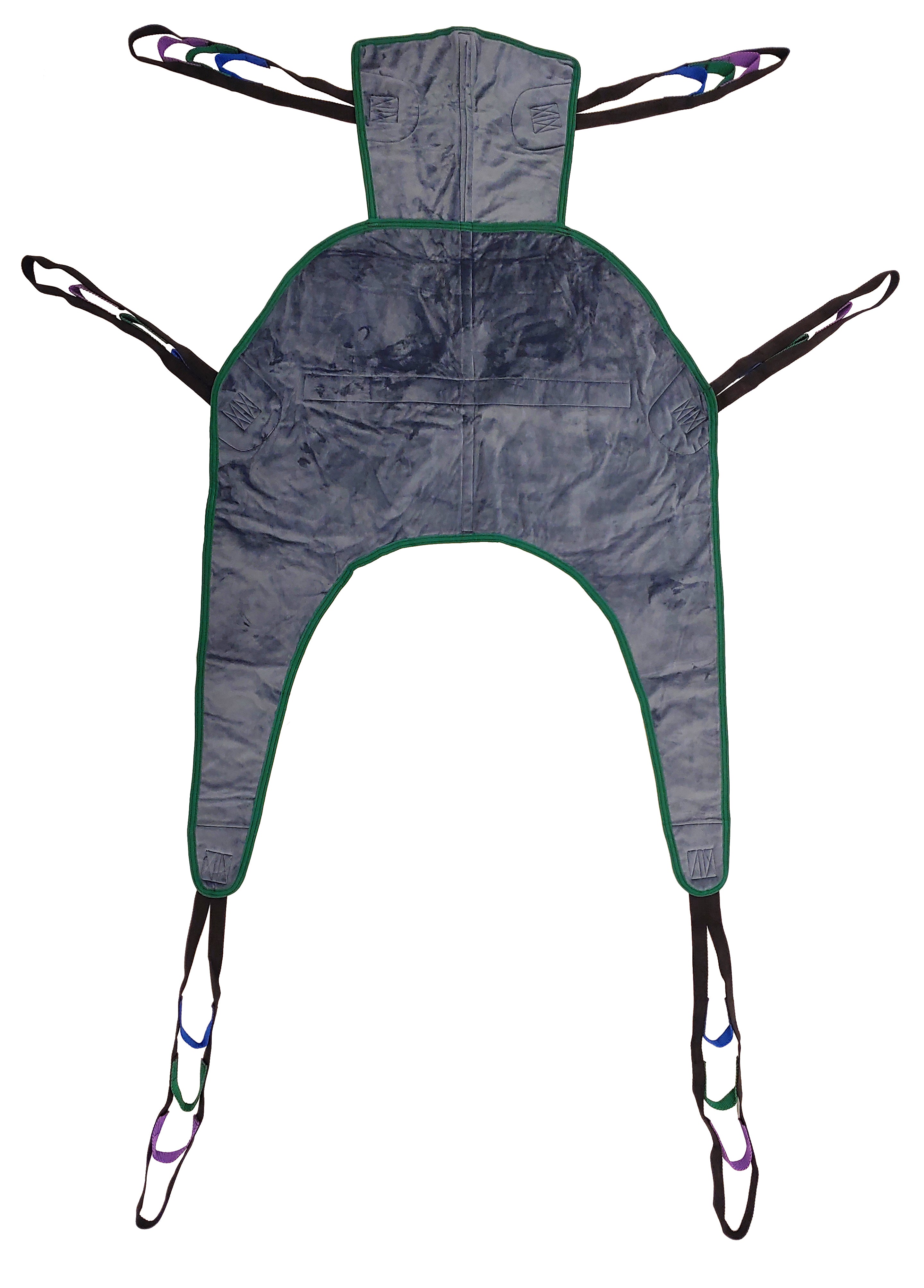 Tuffcare universal padded full body sling with headrest, with 600 lb capacity, designed for seated application without turning the patient, front view. 