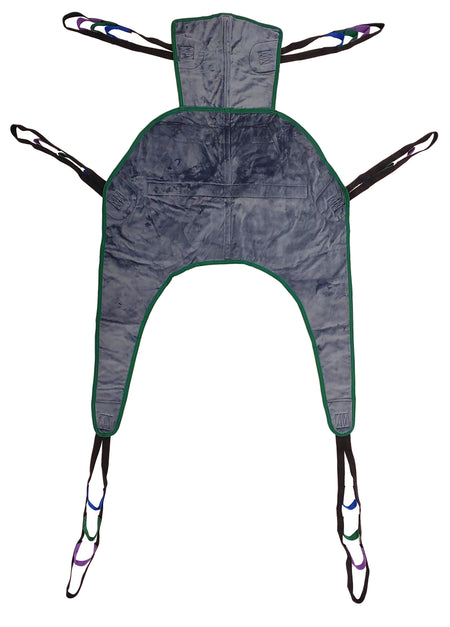 Tuffcare universal padded full body sling with headrest, with 600 lb capacity, designed for seated application without turning the patient, front view. 