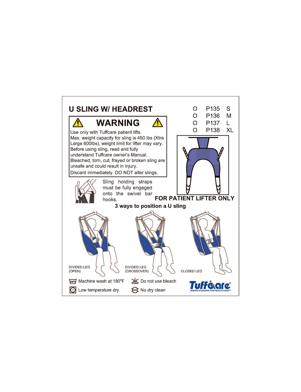 Safety and positioning diagram for Tuffcare U-Sling with Headrest P135-P138 showing 450lb to 600lb capacity