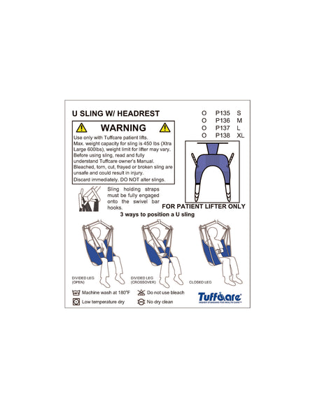 Safety and positioning diagram for Tuffcare U-Sling with Headrest P135-P138 showing 450lb to 600lb capacity