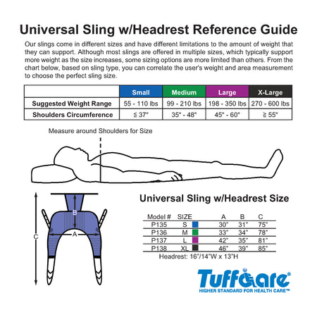Tuffcare universal padded full body sling with headrest sizing guide: small, medium, large, x-large. 