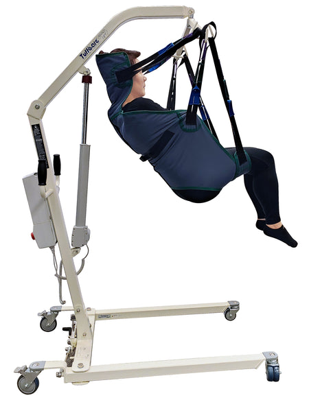 Tuffcare universal padded full body sling with headrest, lifting patient.