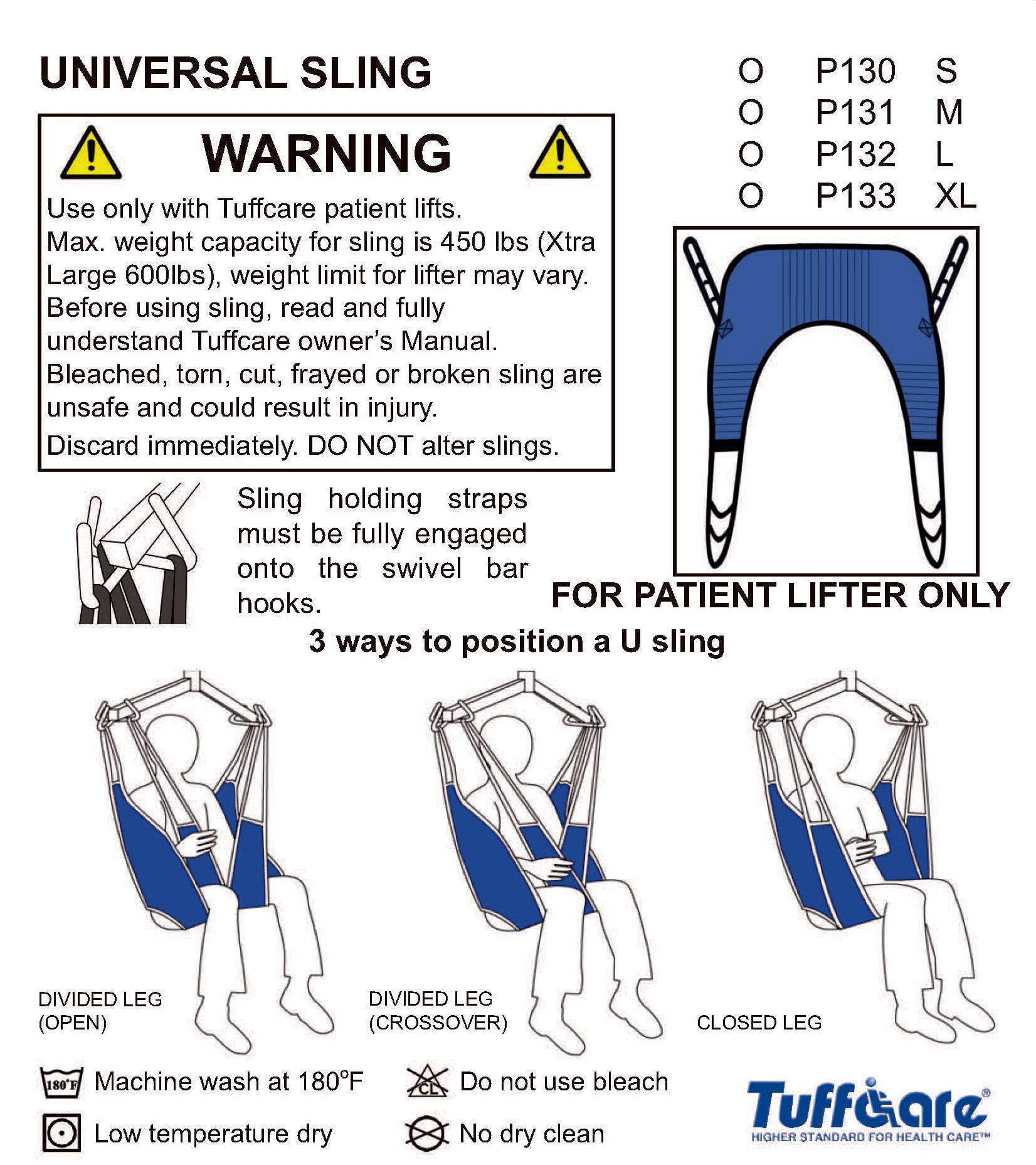 Instructional diagram for Tuffcare Universal U-Slings P130-P133 showing divided and closed leg positioning.