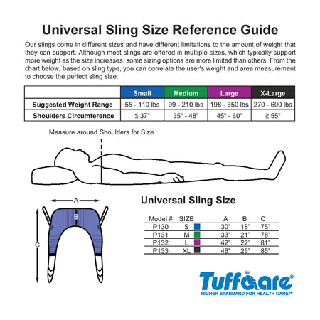 Tuffcare universal padded full body patient lift sling sizing guide: small, medium, large, x-large. 