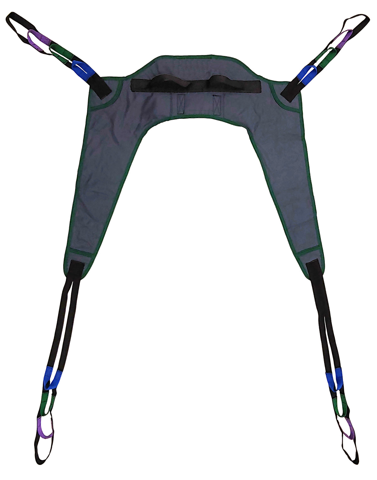 Tuffcare universal padded toileting patient lift sling with T-type swivel bar compatibility and 600 lb weight capacity, back view.