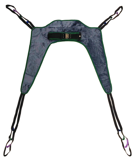Tuffcare universal padded toileting patient lift sling with T-type swivel bar compatibility and 600 lb weight capacity, front view. 