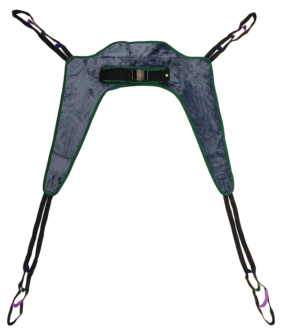 Tuffcare universal padded toileting patient lift sling with T-type swivel bar compatibility and 600 lb weight capacity, front view. 