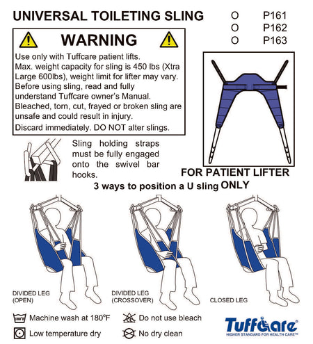 Instructional diagram for Tuffcare Toileting Slings P161-P163 showing 3 ways to position a U-sling.