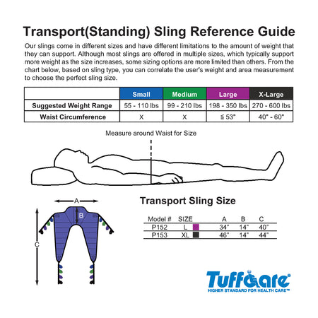 Tuffcare universal padded toileting patient lift sling sizing guide: small, medium, large, x-large. 